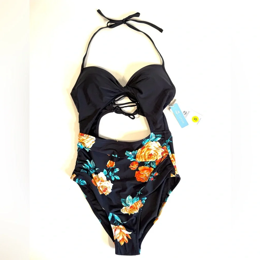 Cupshe Black Floral Print Halter Lace-Up Tummy Control One Piece Swimsuit - Picture 8 of 16